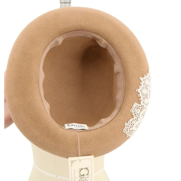 NWT Louise Camel Brown Vintage Ivory Floral Lace Ribbon Bow Felt Hat - Picture 5 of 6